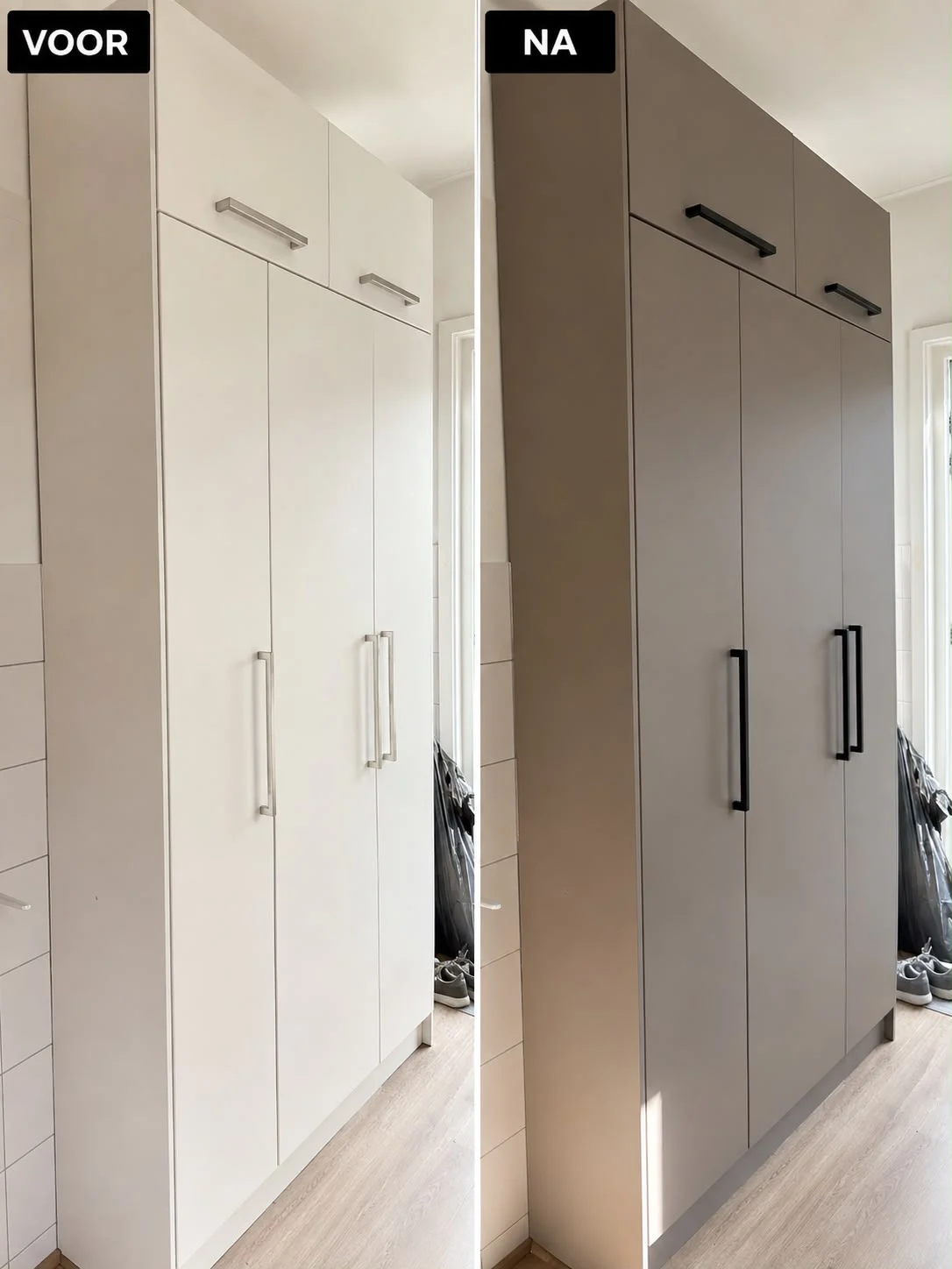 Voor en na: een hoge witte kast met een grijsbruine afwerking na het wrappen