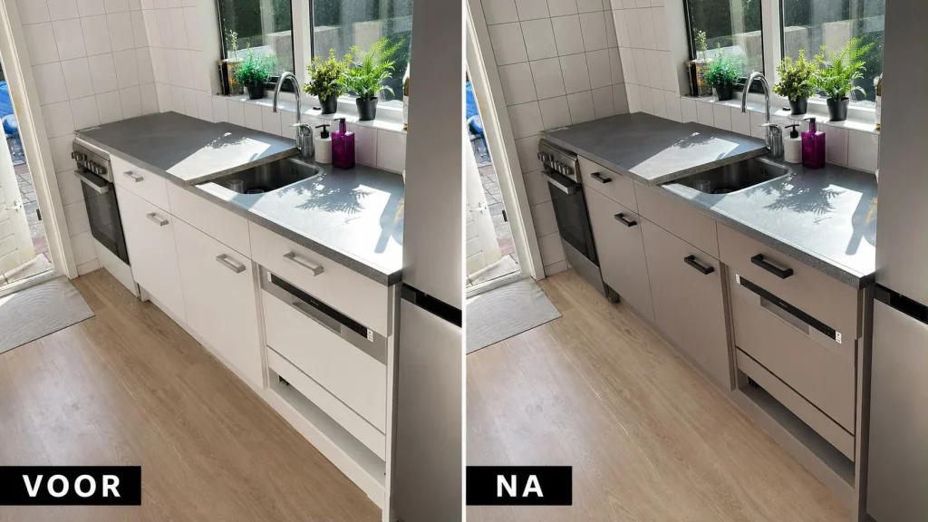 Dezelfde keuken naast elkaar voor en na het wrappen: witte en warm grijze fronten