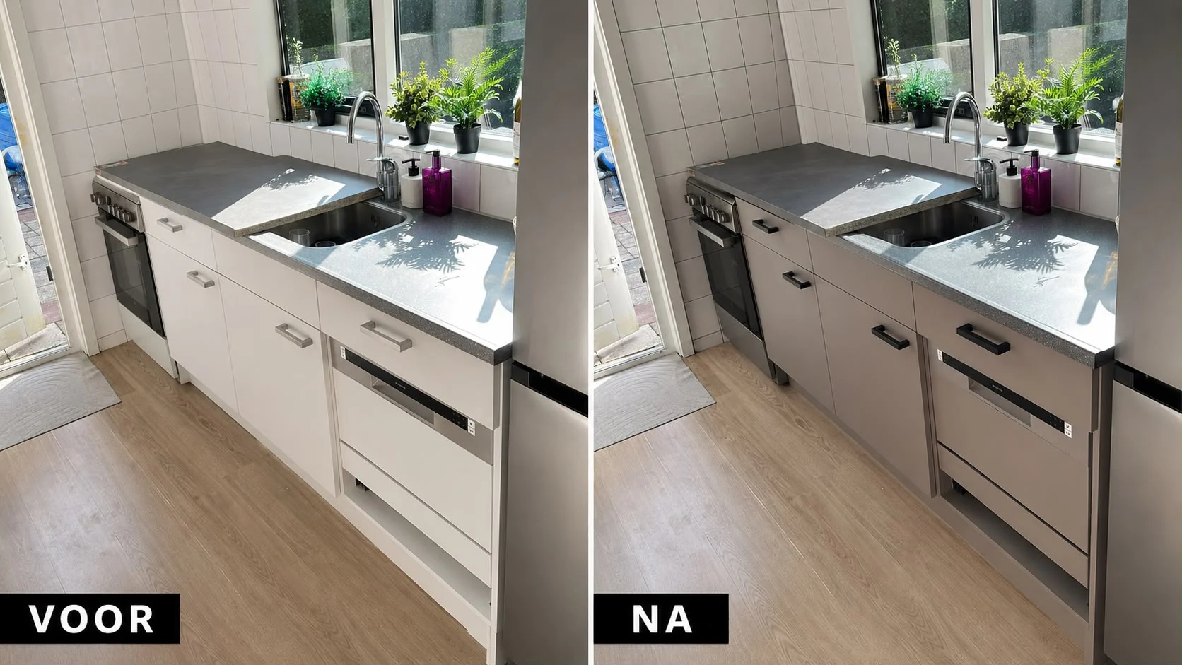 Dezelfde keuken naast elkaar voor en na het wrappen: witte en warm grijze fronten