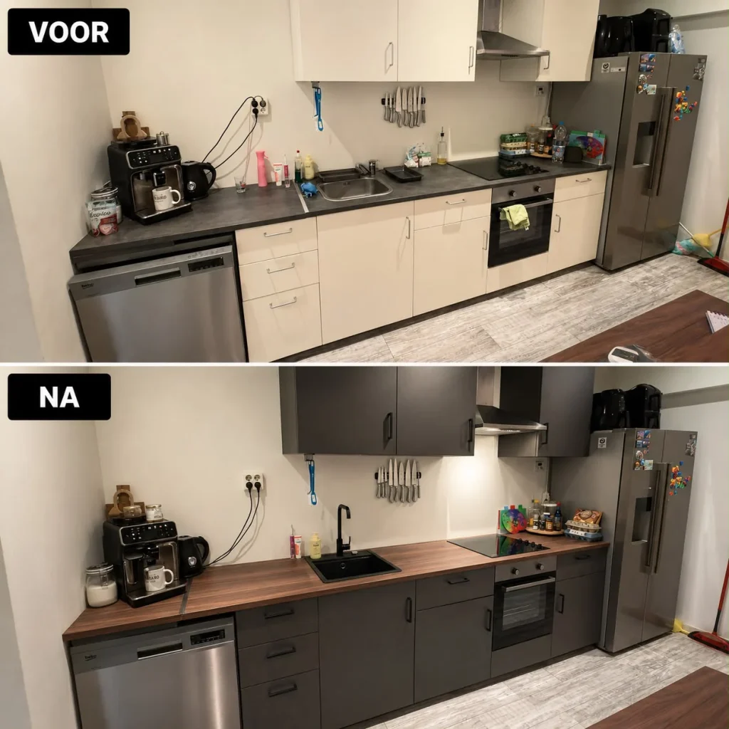 Voor en na: witte keukenfronten vervangen in uitstraling door grijze fronten, met hetzelfde houten werkblad