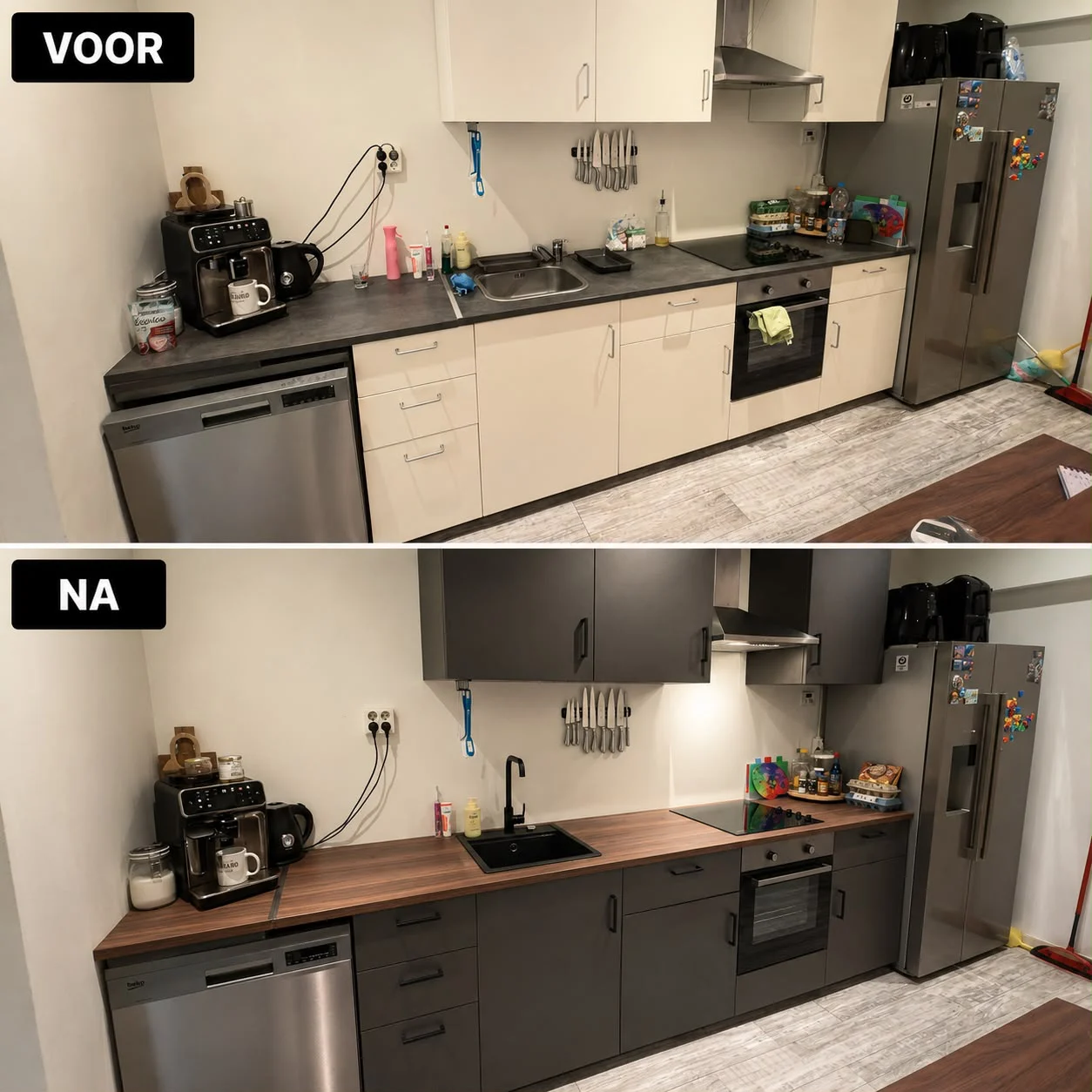 Voor en na: witte keukenfronten vervangen in uitstraling door grijze fronten, met hetzelfde houten werkblad
