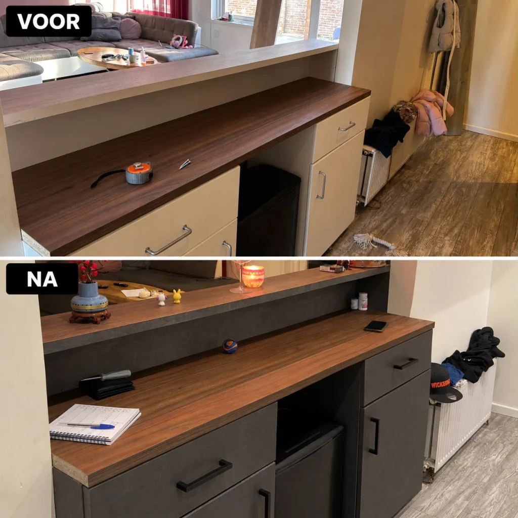 Voor en na van de kastjes onder het houten werkblad: wit en grijs
