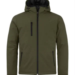 Groene gevoerde softshell met capuchon en ritssluiting, voorkant