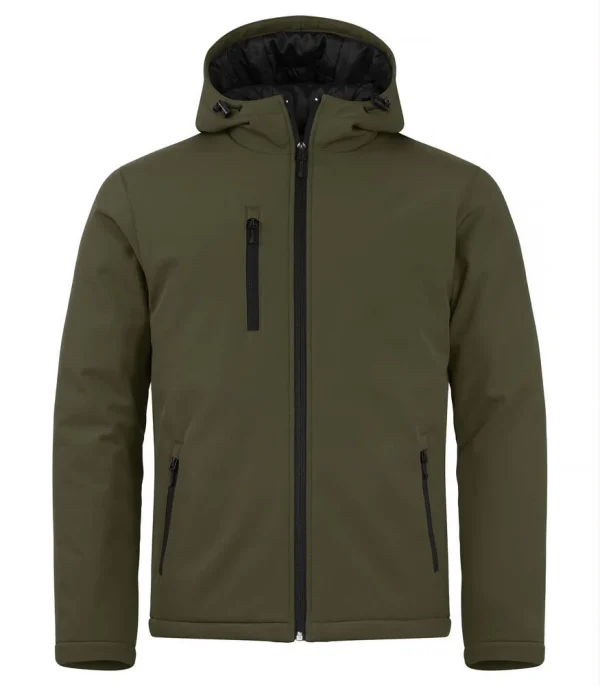 Groene gevoerde softshell met capuchon en ritssluiting, voorkant