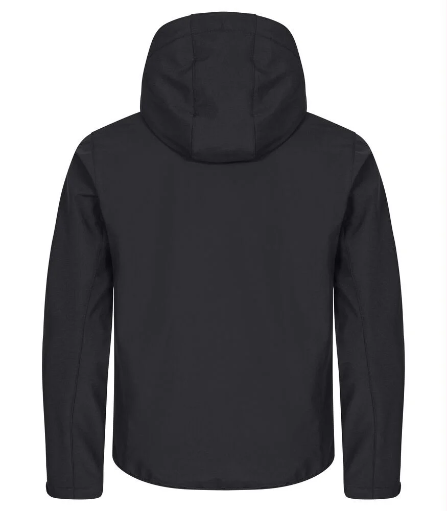 Zwarte ongevoerde softshell met capuchon, achterkant