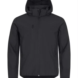 Zwarte ongevoerde softshell met capuchon en ritssluiting, voorkant