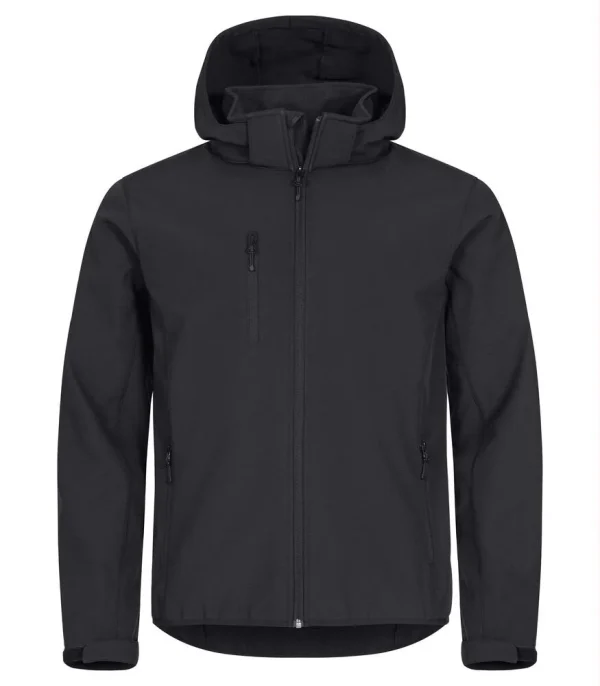 Zwarte ongevoerde softshell met capuchon en ritssluiting, voorkant
