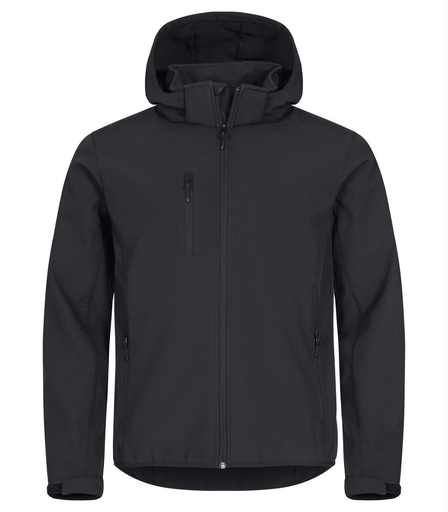 Zwarte ongevoerde softshell met capuchon en ritssluiting, voorkant