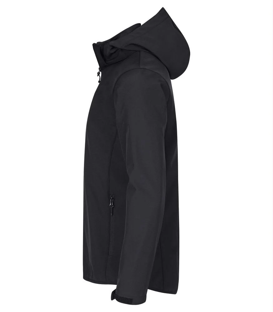 Zwarte ongevoerde softshell met capuchon, vanaf de zijkant